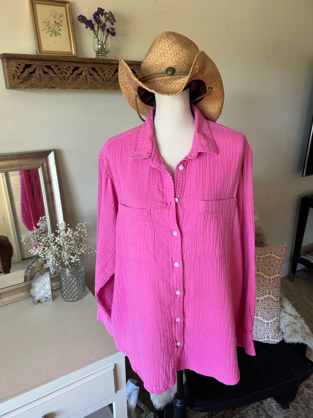 Gap pink gauze cotton button down oversized shirt large boho summer relaxed